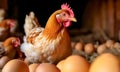 hen eggs on a litter on an organic farm,, made with Generative AI