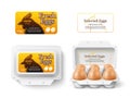 Hen eggs package design mockup. Box with stickers, farm fresh chicken product, natural diet breakfast, rural manufacture, open and Royalty Free Stock Photo