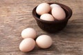 Hen eggs on wooden table. Fresh farmer`s egg Royalty Free Stock Photo