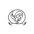 The hen embraces many small eggs with its wings. The hand-drawn doodle chicken sits with its eggs bowing its head. Vector stock