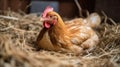 Hen hatching eggs in nest of straw inside chicken coop. Generative AI