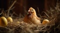 Hen hatching eggs in nest of straw inside chicken coop. Generative AI