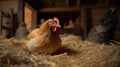 Hen hatching eggs in nest of straw inside chicken coop. Generative AI