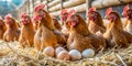 Hen hatching eggs on straw in farm Royalty Free Stock Photo