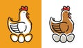 Hen incubates eggs symbol. Chicken logo vector