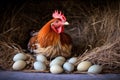 hen laying a golden egg in a rustic setting