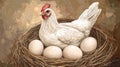 A hen is meticulously illustrated with eggs nestled beside it in a cozy nest Royalty Free Stock Photo