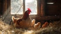 Mother hen with her chicks in a rustic barn setting, peaceful farm life captured in warm sunlight. perfect for Royalty Free Stock Photo