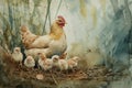 A hen protects her chicks on a nest, delicately lit and painted in warm watercolor tones.