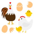 Hen Rooster cock Chicken broken cracked egg bird icon set. Happy Easter. Cute cartoon funny kawaii baby chick character. Flat Royalty Free Stock Photo