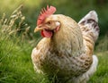 a hen\'s natural behavior, as it pecks at insects in the lush grass, exhibiting intricate details and vivid realism