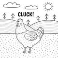 Hen saying cluck black and white print. Cute farm character on a green pasture Royalty Free Stock Photo