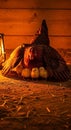 Hen sheltering chicks under wings warmly lit rustic coop scene Royalty Free Stock Photo