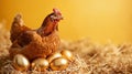 A hen sits among golden eggs on a yellow background Royalty Free Stock Photo