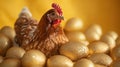 A hen sits among golden eggs on a yellow background Royalty Free Stock Photo