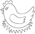 Hen sitting on nest coloring book page. Chicken outline vector illustration