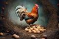 hen walking away from a nest filled with eggs