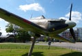 Historic Hurricane aircraft on display at the main entrance of London R.A.F. Museum.