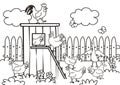 Henhouse and poultry in the backyard, coloring book, eps.