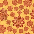 Henna color ornament of mandala on a yellow background. Endless Tile for oriental carpets, shawls, textiles, fabric