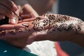 Henna tattoo applied to woman's hand