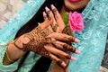 Henna Tattoo on Bride`s Hand.Moroccan wedding preparation henna party. Royalty Free Stock Photo