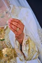 Henna Tattoo on Bride`s Hand.Moroccan wedding preparation henna party. Royalty Free Stock Photo