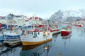 HENNINGSVAER, NORWAY, FEBRUARY 20, 2022: Henningsvaer harbor in Lofoten Archipelago, Europe. Royalty Free Stock Photo