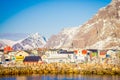 Henningsvaer, Norway - April 04, 2018: View of fishing boats in the port of Henningsvaer in Lofoten islands