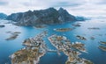 Henningsvaer village aerial view in Norway Lofoten islands landscape Royalty Free Stock Photo