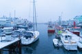 Henningsvaer village in Lofoten islands, Nordland county, Norway, Europe. Ships and boats in marina port in harbor in winter