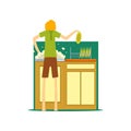 Henpecked man, husband washing the dishes in the kitchen, househusband doing household cartoon vector Illustration on a