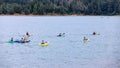 Large group of people paddling in solo kayaks across the lake Royalty Free Stock Photo