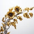 Gilded Sunflower Tree Sculpture: A Stunning Metal Artwork In Light White And Gold