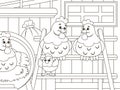 Hens with chicks in a chicken coop on a farm. Childrens coloring, black lines, white background. Royalty Free Stock Photo