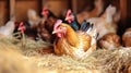 hens on an organic farm, sitting on eggs on straw in a chicken coop, made with Generative AI