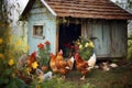 hens pecking near a cozy chicken coop