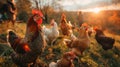 Hens and rooster basking in warm sunset light in a rural setting. Royalty Free Stock Photo