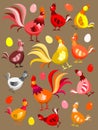 Hens, rooster and eggs