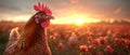 Hens and roosters in field at sunset. Group of chickens stand in a field during sunset Royalty Free Stock Photo