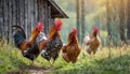 Hens and roosters walk on the grass, wooden hencoop in background