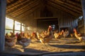 hens in a sunlit, open barn pecking at hay