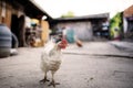 Hens walking in the farm yard. Royalty Free Stock Photo