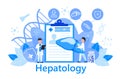 Hepatologist concept vector for medical landing page. Hepatitis A, B, C, D, cirrhosis illustration and world hepatitis day. Tiny