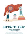 Hepatology treatment banner with doctors characters flat vector illustration.