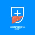 Hepatoprotector concept icon, healthy liver flat icon shield. Liver care guard icon Royalty Free Stock Photo