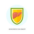 Hepatoprotector concept icon, healthy liver flat icon shield. Liver care guard icon