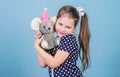 Her favorite toy. happy childhood. Birthday. playground in kindergarten. little girl playing game in playroom. small Royalty Free Stock Photo