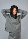 In her own style. Fashion lookbook. Warm Autumn and Spring. elegant woman in trendy grey apparel. Fashion woman portrait