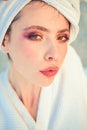 Her shampoo works like magic. Bathing habit. Pretty woman wear bath towel on head. Skincare model after spa bath. Young Royalty Free Stock Photo